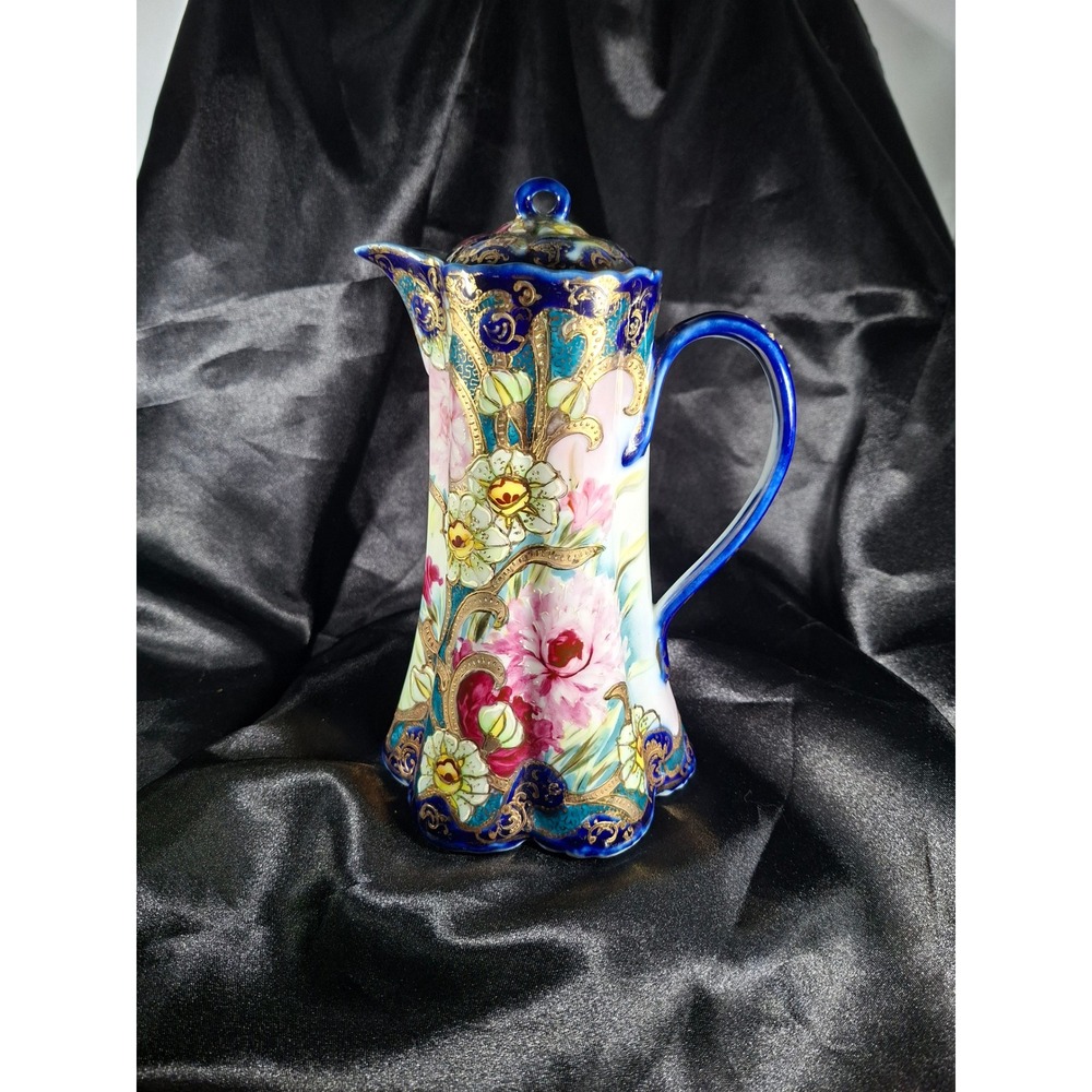 Nippon Hand Painted Porcelain Chocolate Pot Floral Gold Moriage Cobalt Blue